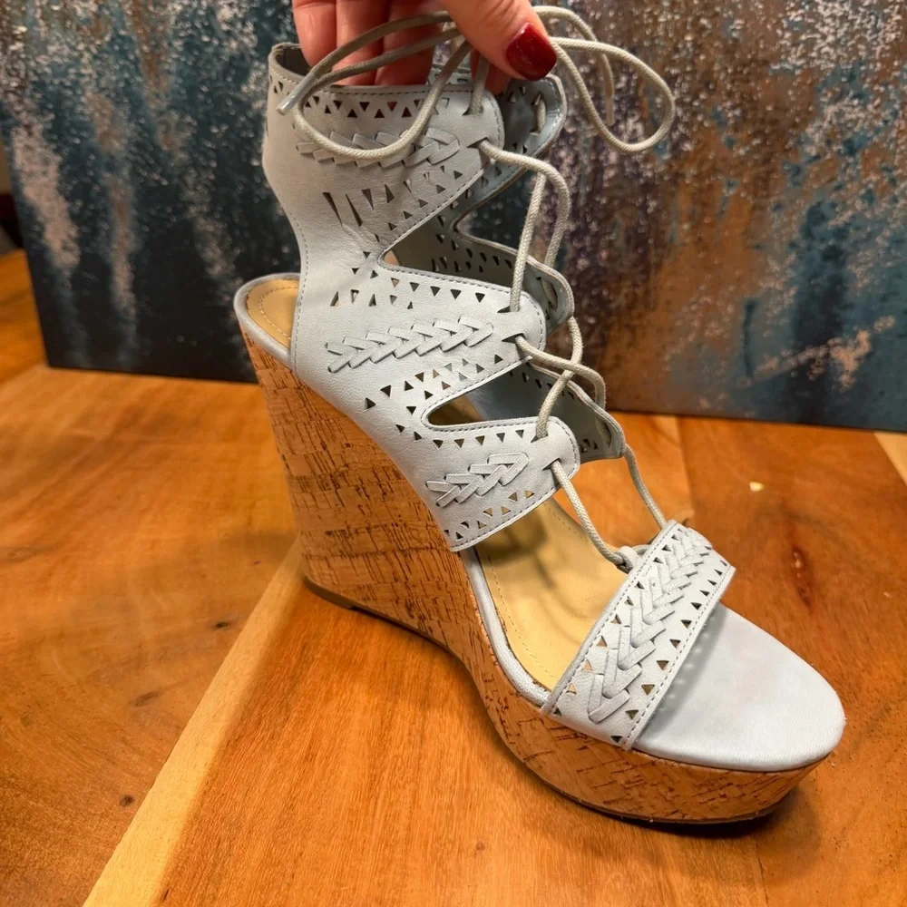 Marc Fisher Boho Chic Leather Lace-Up Cork Wedge Sandals – Light Blue (EUC)